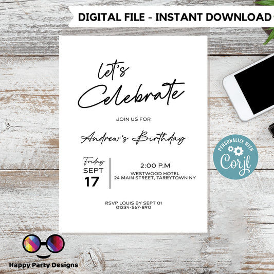 Let's celebrate! Minimalist birthday Invitations | Surprise Birthday Party Invites | Anniversary Invite | Black White Invite for Him #A2