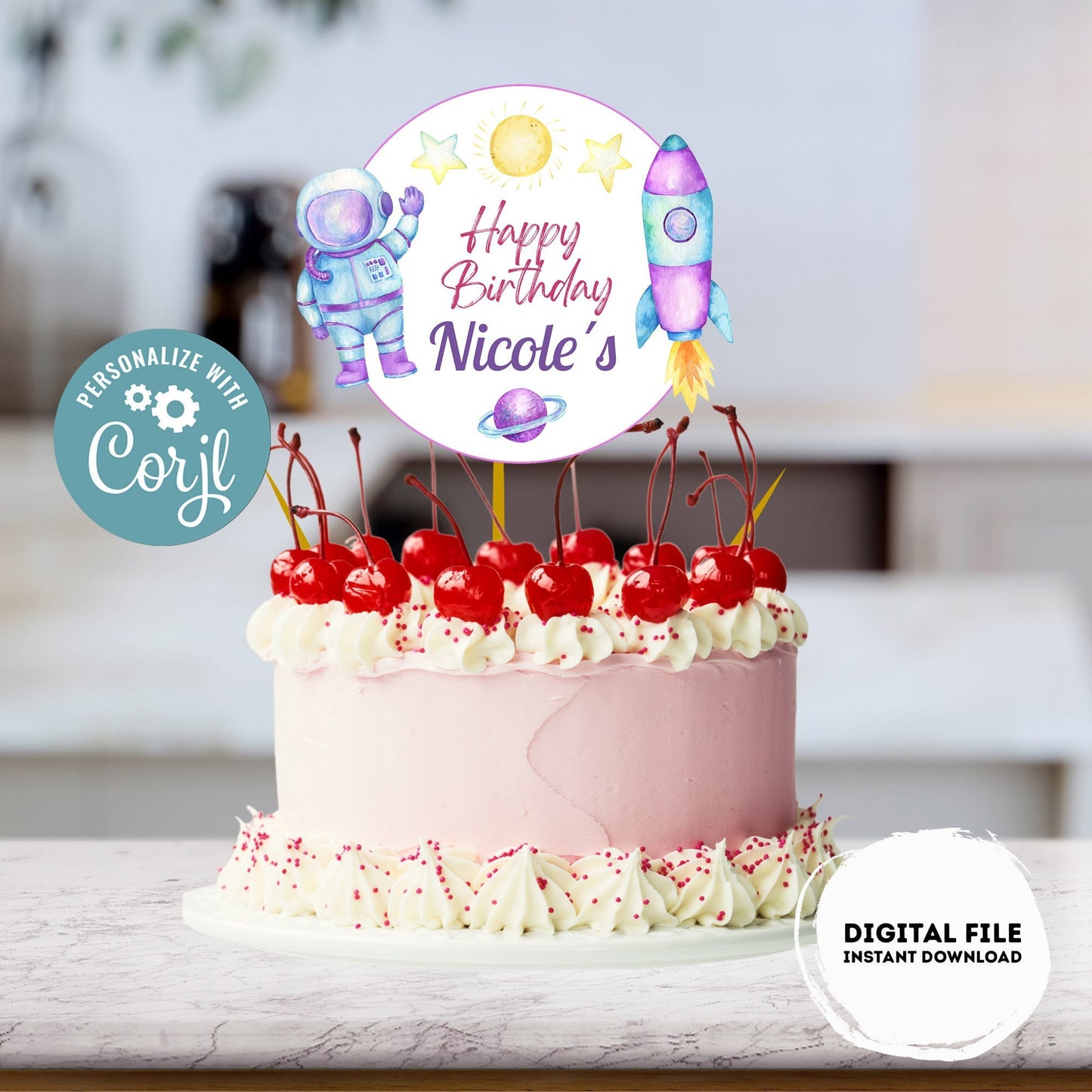 Editable First Trip Around the Sun Party Cake Topper |  Outer Space Party  Birthday Party Cake Topper Astronaut Cake Topper Centerpiece #K57