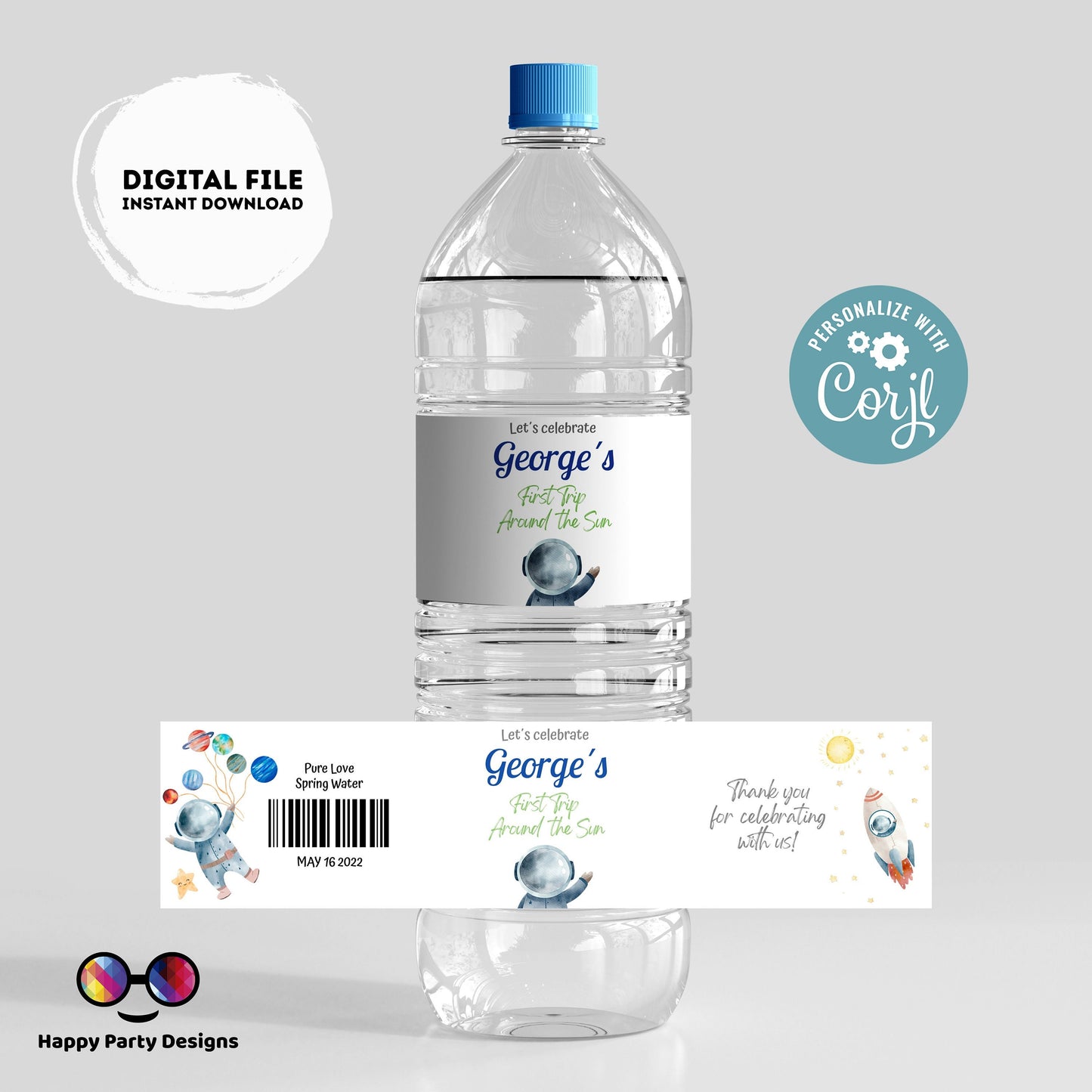 Editable First trip around the Sun party water bottle labels | digital labels |  printable OUter Space Party labels |  bottle labels #K5