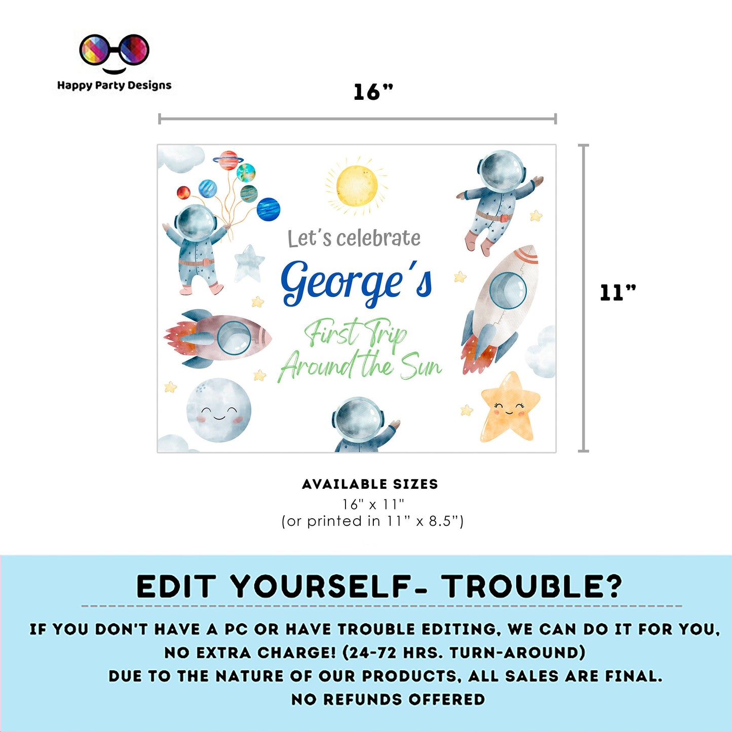 Editable First Trip Around the Sun party placemat | Outer Space Party printable placemat  | Astronaut party placemat Personalize Online #K5