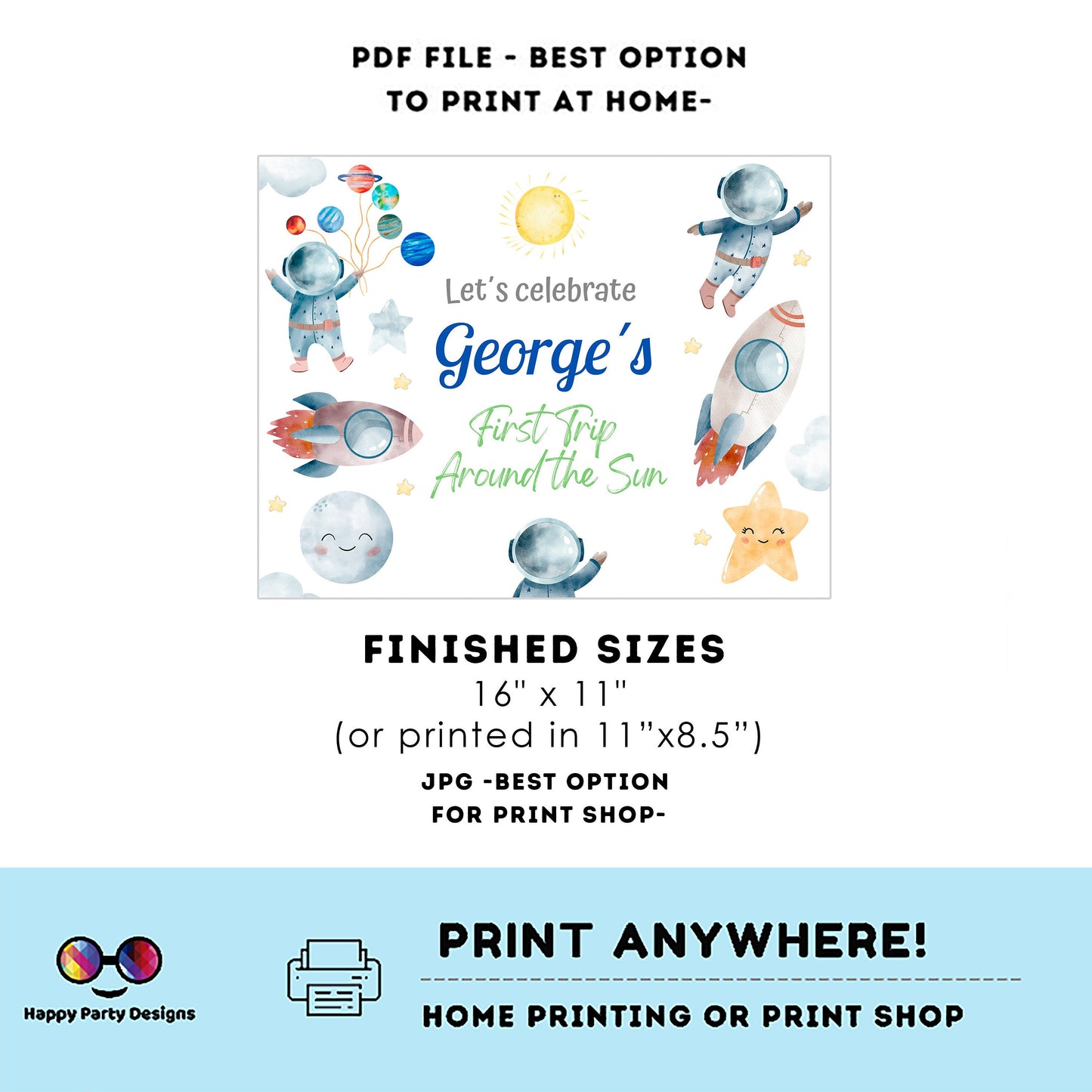 Editable First Trip Around the Sun party placemat | Outer Space Party printable placemat  | Astronaut party placemat Personalize Online #K5