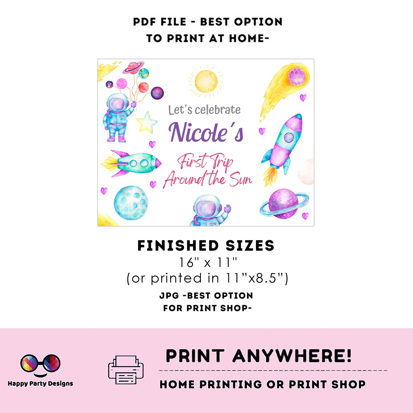 Editable First Trip Around the Sun party placemat | Outer Space Party printable placemat  | Astronaut party placemat Personalize Online #K57