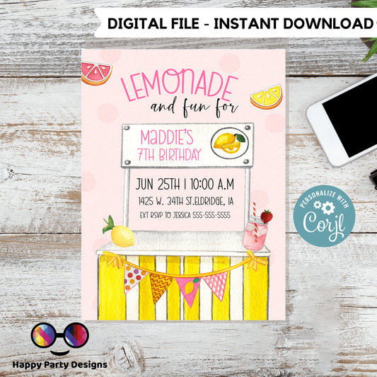 Editable Lemonade Invitation | Lemonade Birthday Invitation | Garden Birthday Party | Lemonade Stand Birthday | Girl Birthday #K100