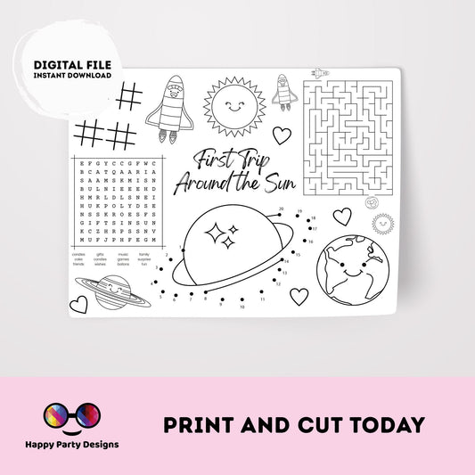 INSTANT DOWNLOAD First Trip Around the Sun party coloring page | Outer Space party Activity games GIRL Astronaut Activity Page Placemat #K57