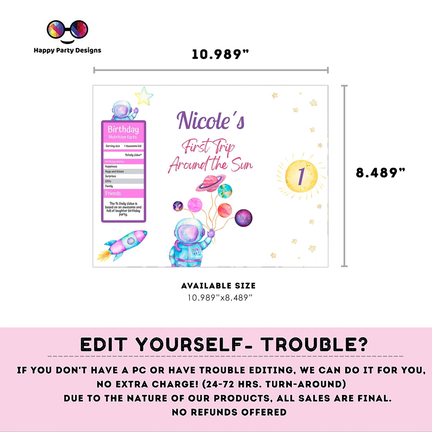 Editable First Trip Around the Sun Party Chip Bag | Digital Outer Space Party printable Chip Bag Party Snack | Astronaut Personalized #K57