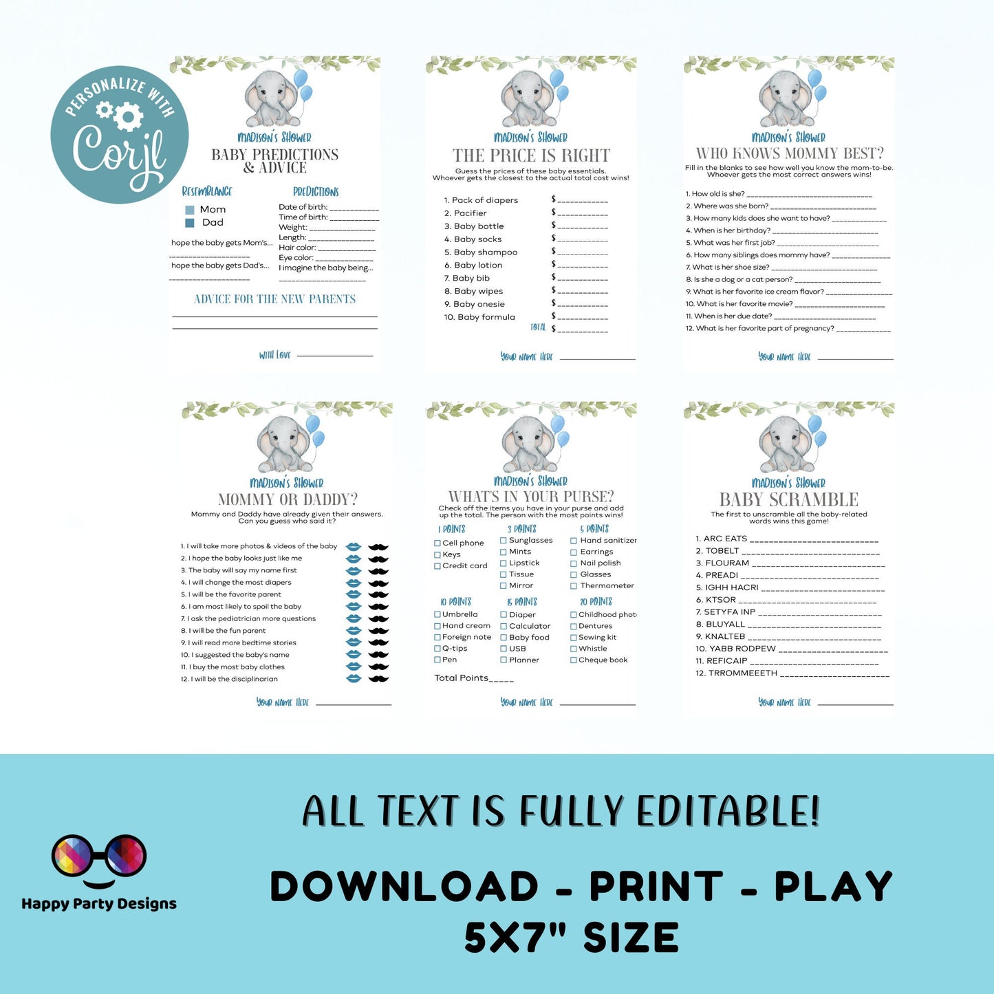 Editable elephant games bundle | elephant baby shower games | Baby boy | elephant shower |  blue baby shower games #B18