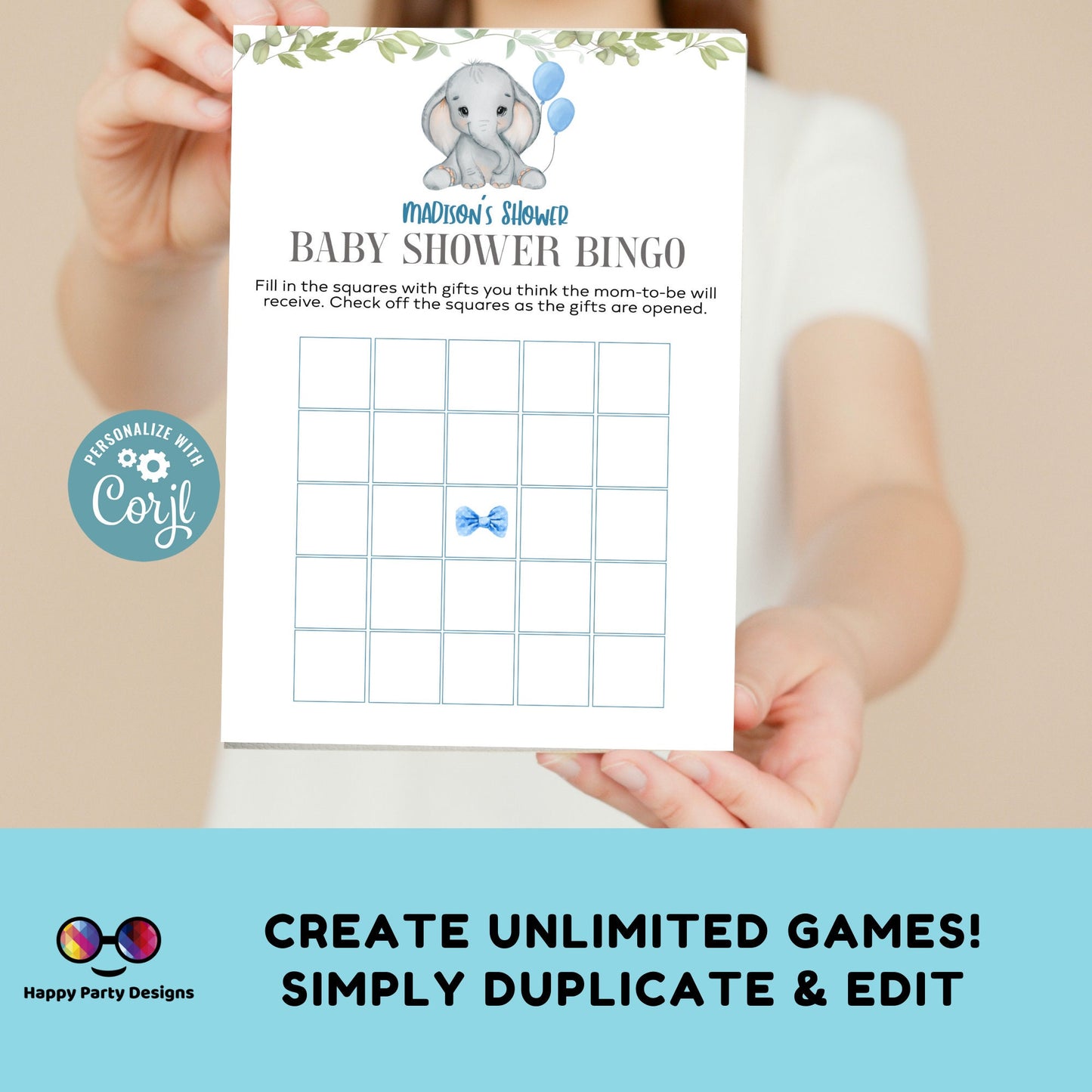 Editable elephant games bundle | elephant baby shower games | Baby boy | elephant shower |  blue baby shower games #B18
