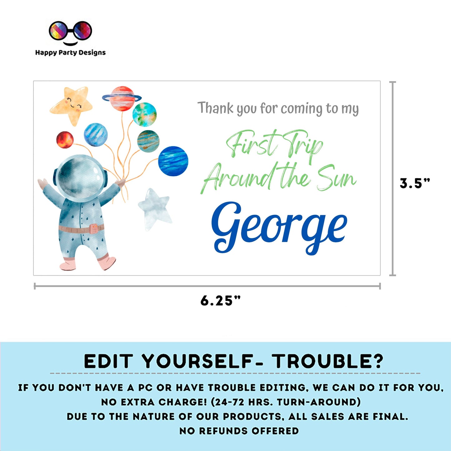 Editable First Trip Around the Sun Birthday Gift Box label | Outer Space favor box | Astronaut birthday party | Box to print  favors #K5