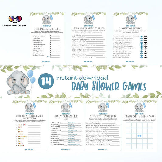 Instant baby elephant games bundle | baby shower games | Baby boy | blue baby shower | elephant baby shower games   #B18