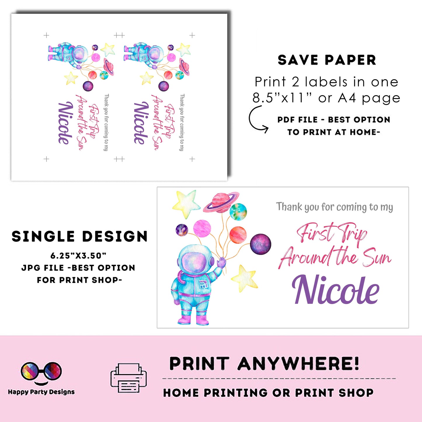 Editable First Trip Around the Sun Birthday Gift Box label | Outer Space favor box | Astronaut birthday party | Box to print  favors #K57