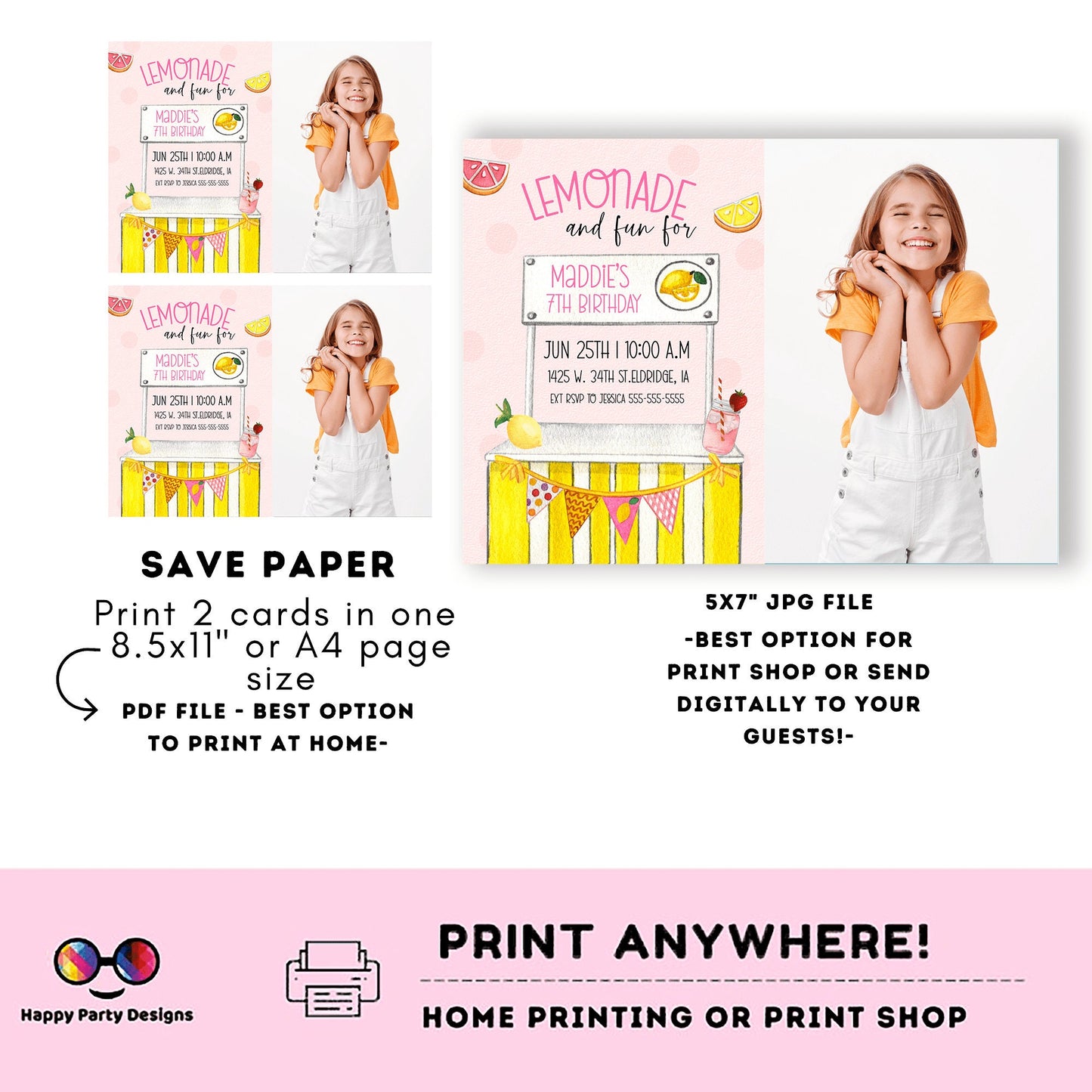 Editable Lemonade Invitation with picture | Lemonade Birthday Invitation | Garden Birthday Party | Lemonade Stand invite | Girl #K100
