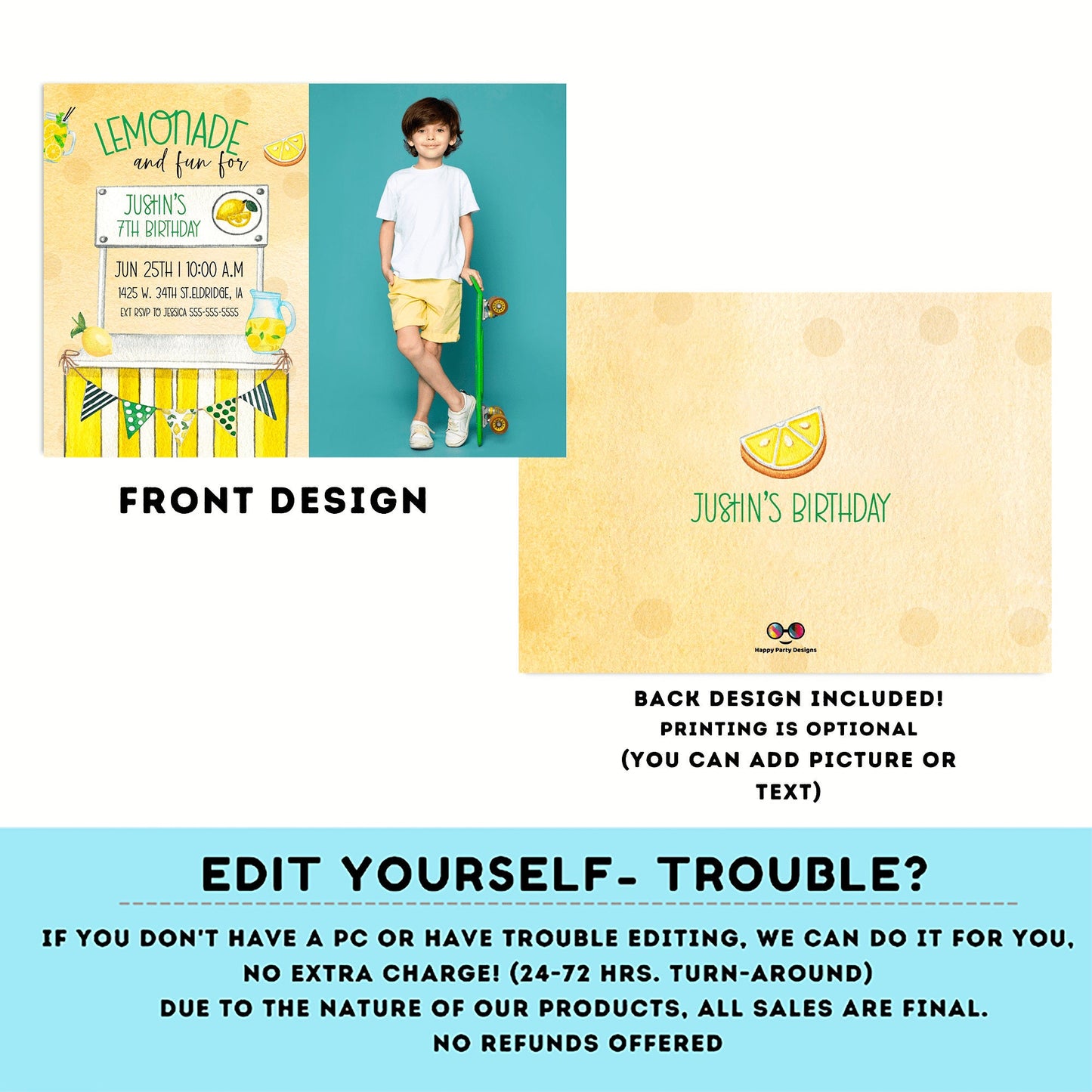Editable Lemonade Invitation with picture | Lemonade Birthday Invitation | Garden Birthday Party | Lemonade Stand invite | Boy #K101