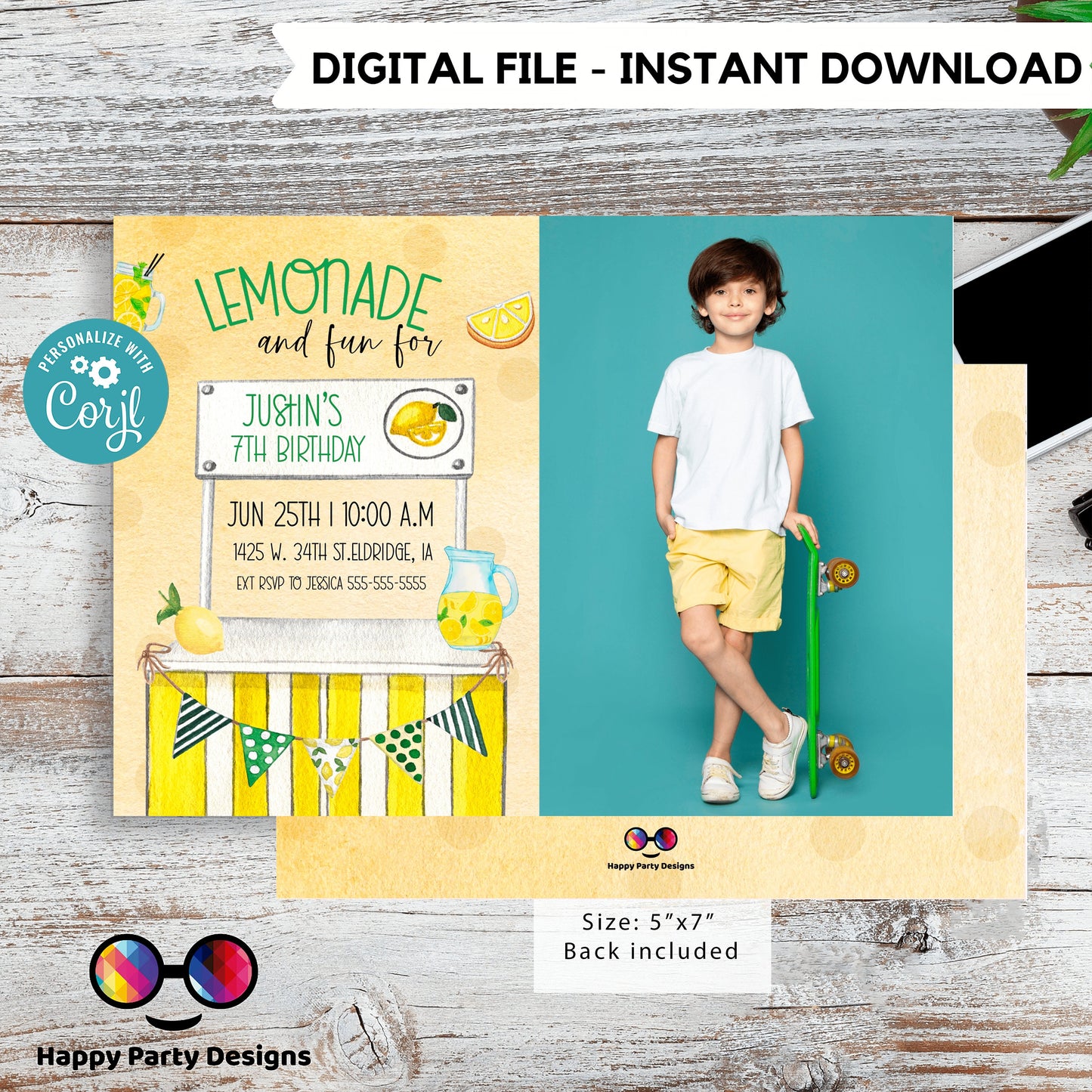 Editable Lemonade Invitation with picture | Lemonade Birthday Invitation | Garden Birthday Party | Lemonade Stand invite | Boy #K101