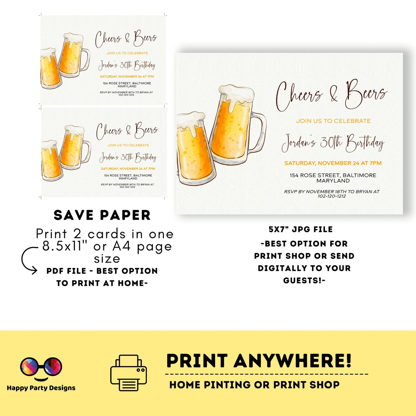 Cheers and beers Minimalist birthday Invitation | Surprise Birthday Party Invites | Anniversary Invite | Beer invite | drinks #A6