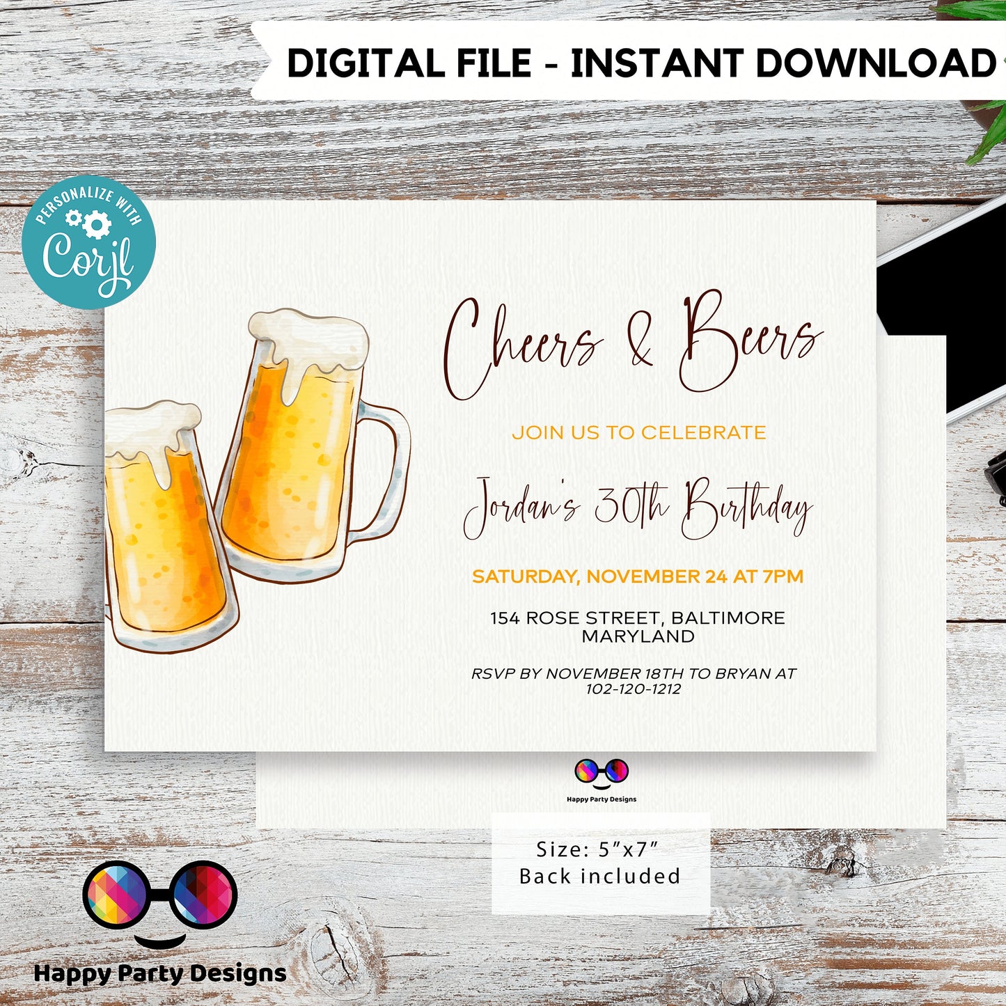 Cheers and beers Minimalist birthday Invitation | Surprise Birthday Party Invites | Anniversary Invite | Beer invite | drinks #A6