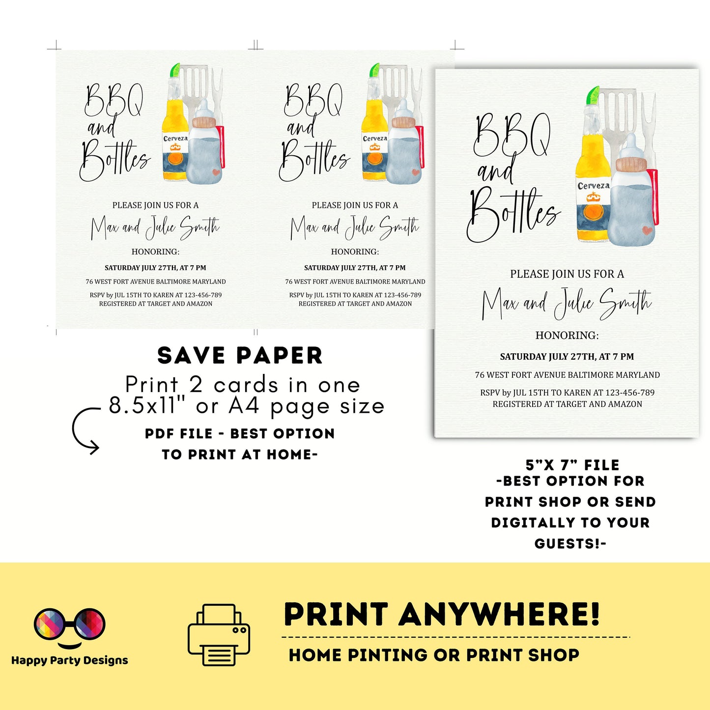 BBQ and bottles baby shower Invitation | BBQ Couples Baby Shower Invite | Backyard Baby Shower | Gender Neutral | beer | drinks #B25