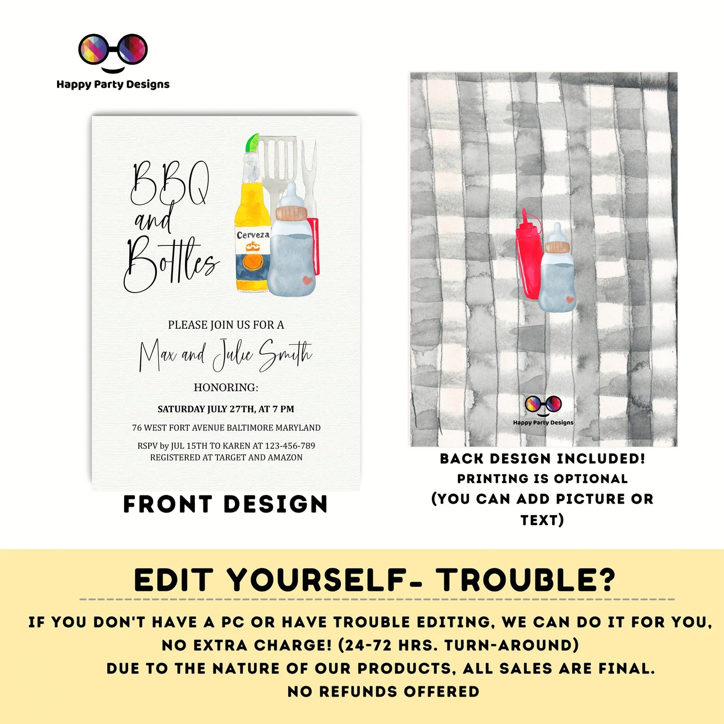 BBQ and bottles baby shower Invitation | BBQ Couples Baby Shower Invite | Backyard Baby Shower | Gender Neutral | beer | drinks #B25