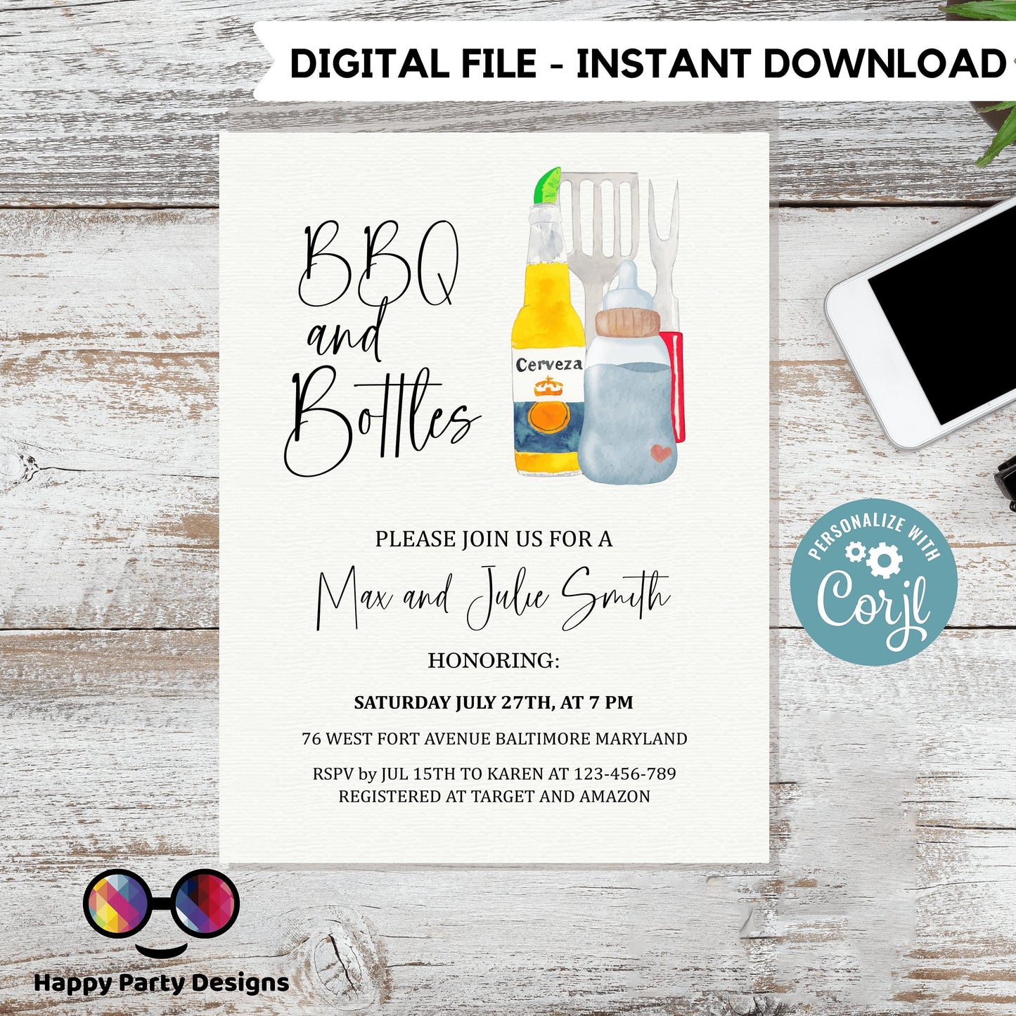 BBQ and bottles baby shower Invitation | BBQ Couples Baby Shower Invite | Backyard Baby Shower | Gender Neutral | beer | drinks #B25