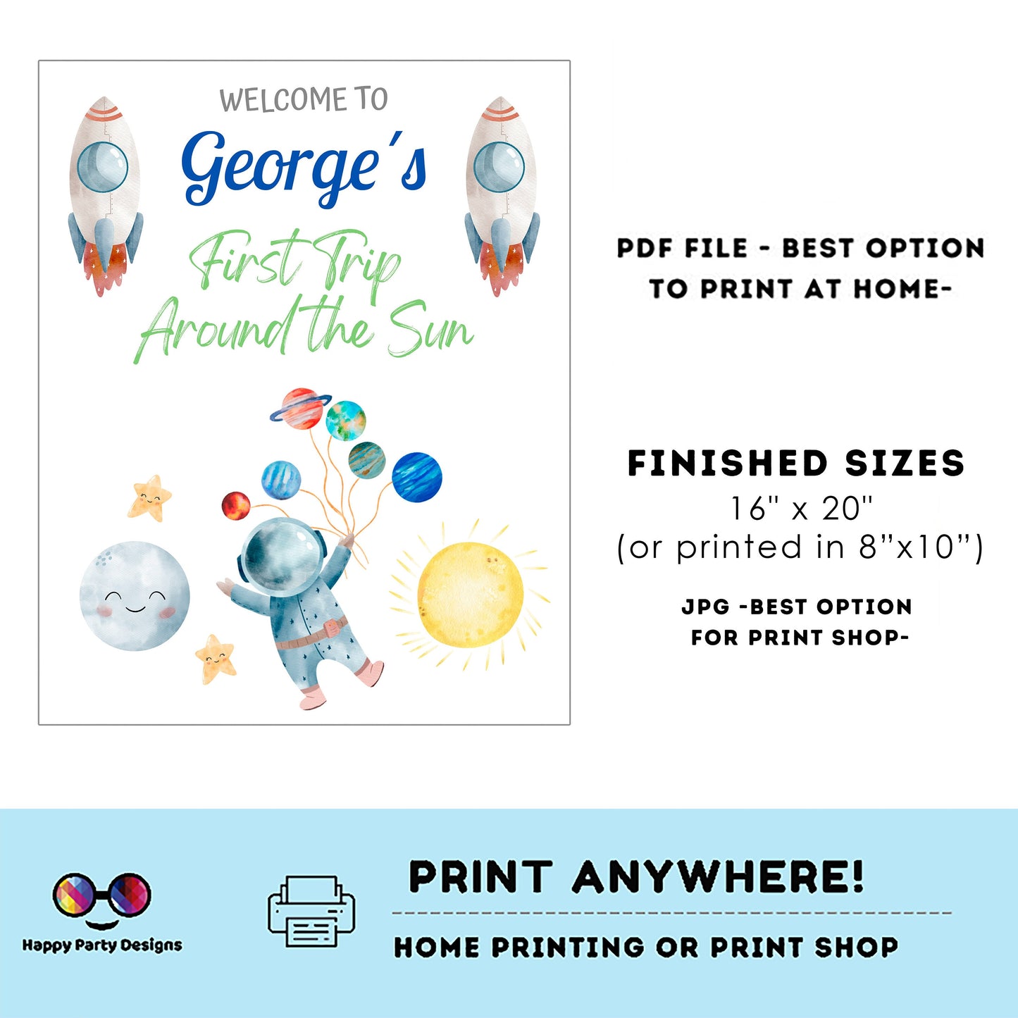 Editable First Trip Around the Sun  Welcome Sign | Outer Space birthday | Astronaut  birthday Decorations | First Year Welcome Sign | #K5