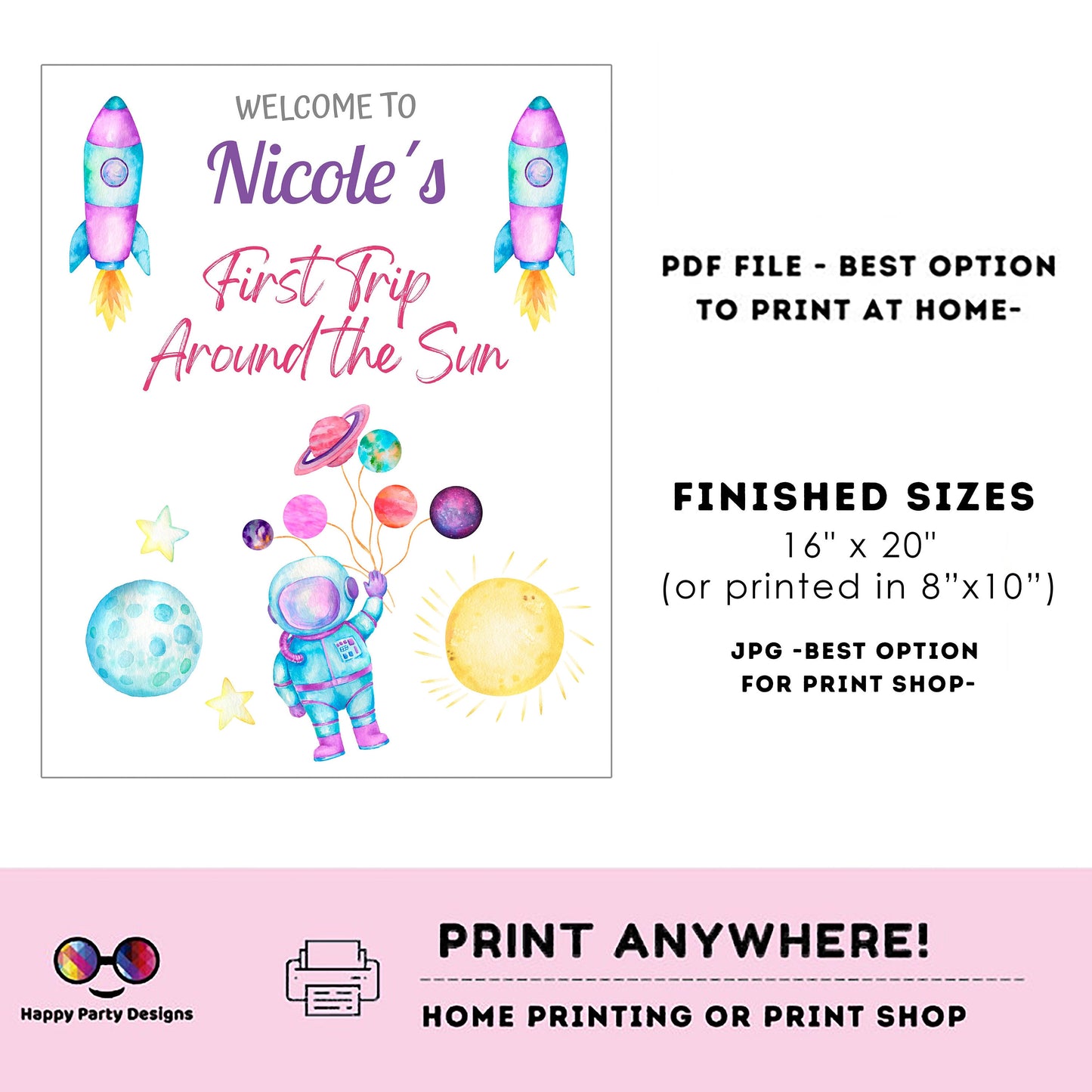 Editable First Trip Around the Sun  Welcome Sign | Outer Space birthday | Astronaut  birthday Decorations | First Year Welcome Sign | #K57