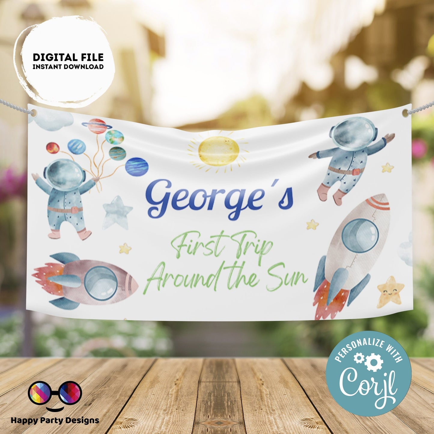 Editable First Trip around the Sun Food Label Blue Backdrop Banner  | Digital Outer Space printable Backdrop Banner | Astronaut decor #K5