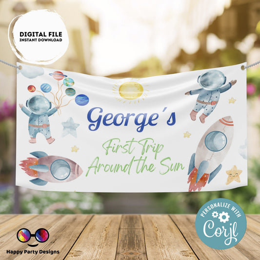 Editable First Trip around the Sun Food Label Blue Backdrop Banner  | Digital Outer Space printable Backdrop Banner | Astronaut decor #K5