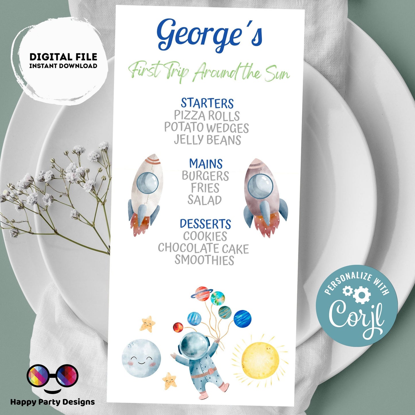 Editable First Trip Around the Sun Party Menu | Digital Outer Space printable menu | Birthday boy | Astronaut menu | Personalize #K5