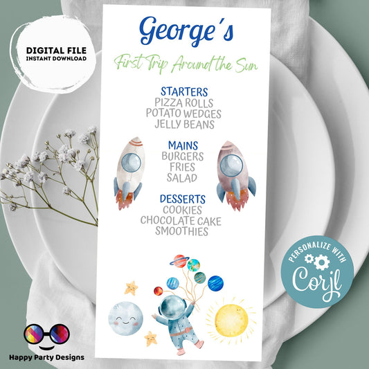 Editable First Trip Around the Sun Party Menu | Digital Outer Space printable menu | Birthday boy | Astronaut menu | Personalize #K5