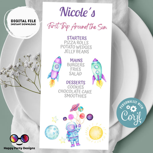 Editable First Trip Around the Sun Party Menu | Digital Outer Space printable menu | Birthday Girl | Astronaut menu | Personalize #K57