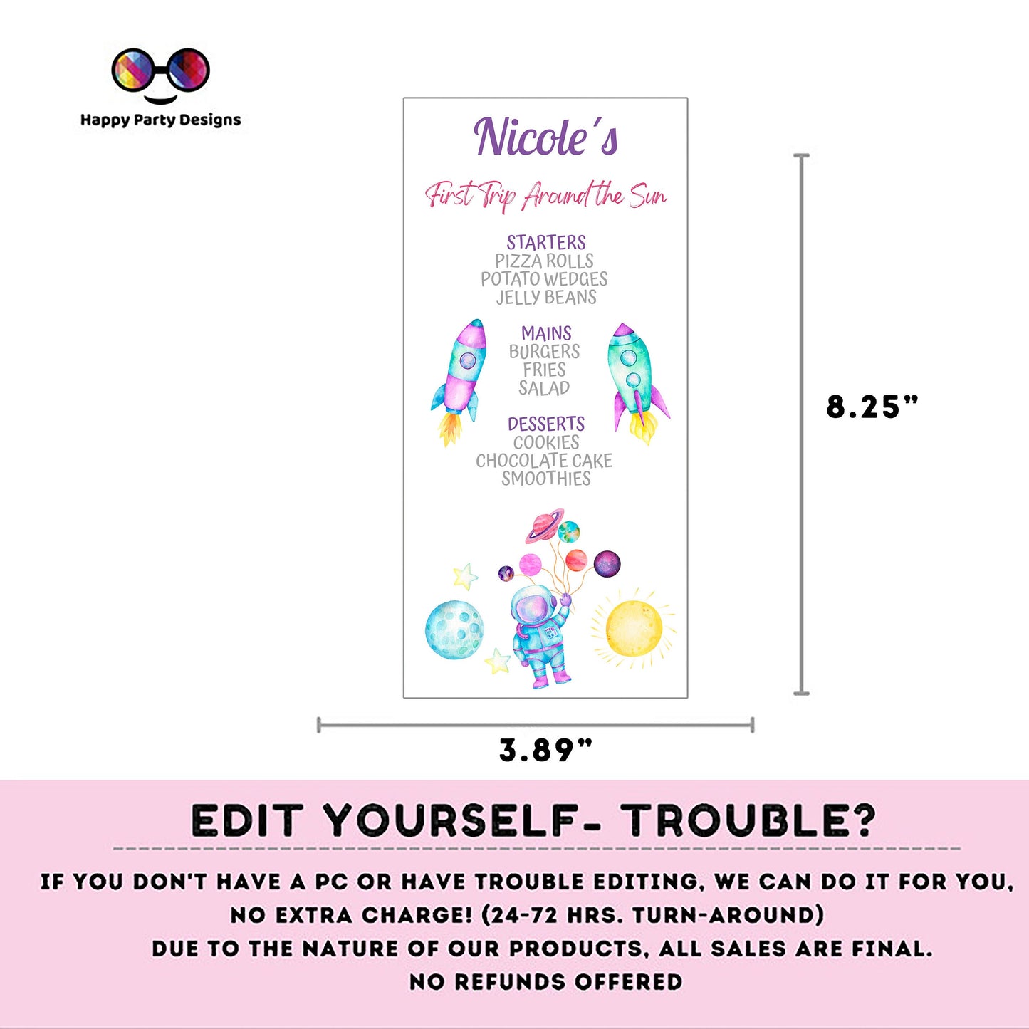 Editable First Trip Around the Sun Party Menu | Digital Outer Space printable menu | Birthday Girl | Astronaut menu | Personalize #K57