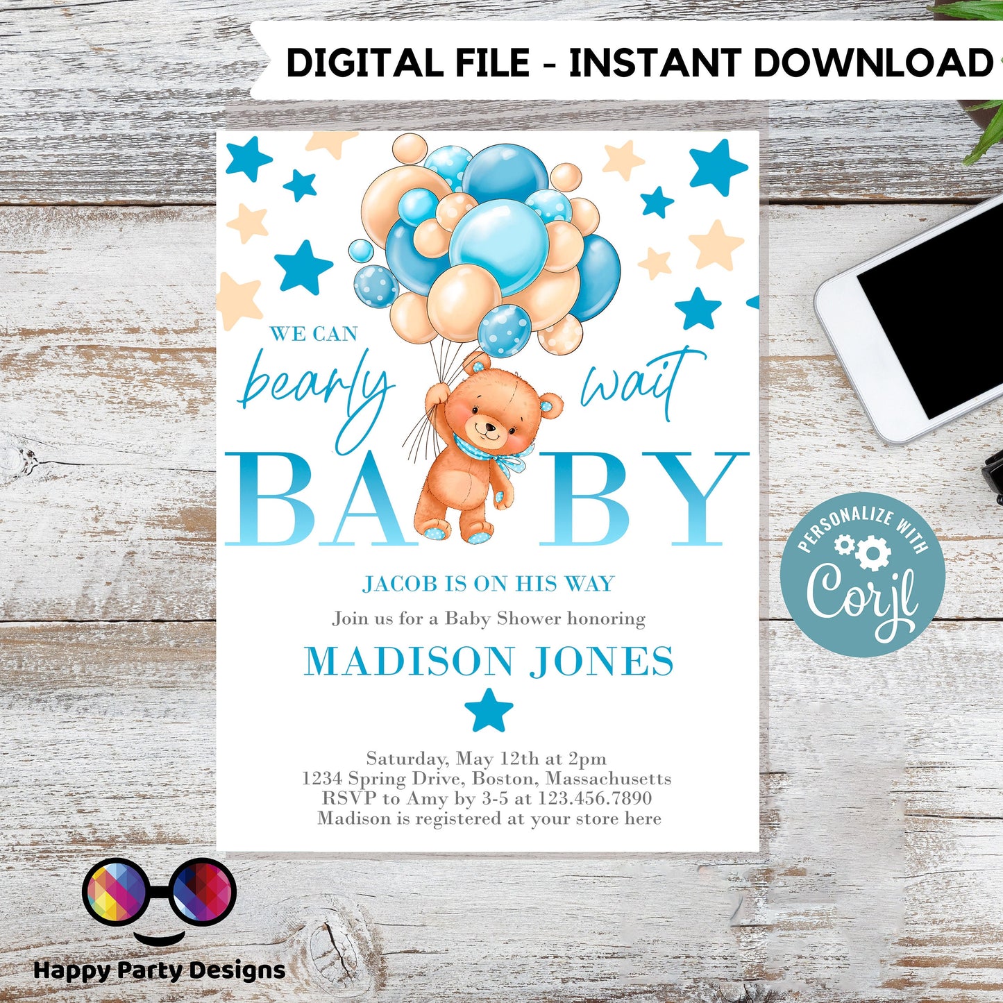 Bearly Wait Baby Shower Invitation | blue Teddy bear baby shower invitation template | teddy bear with balloons Invitation | Shower #B22