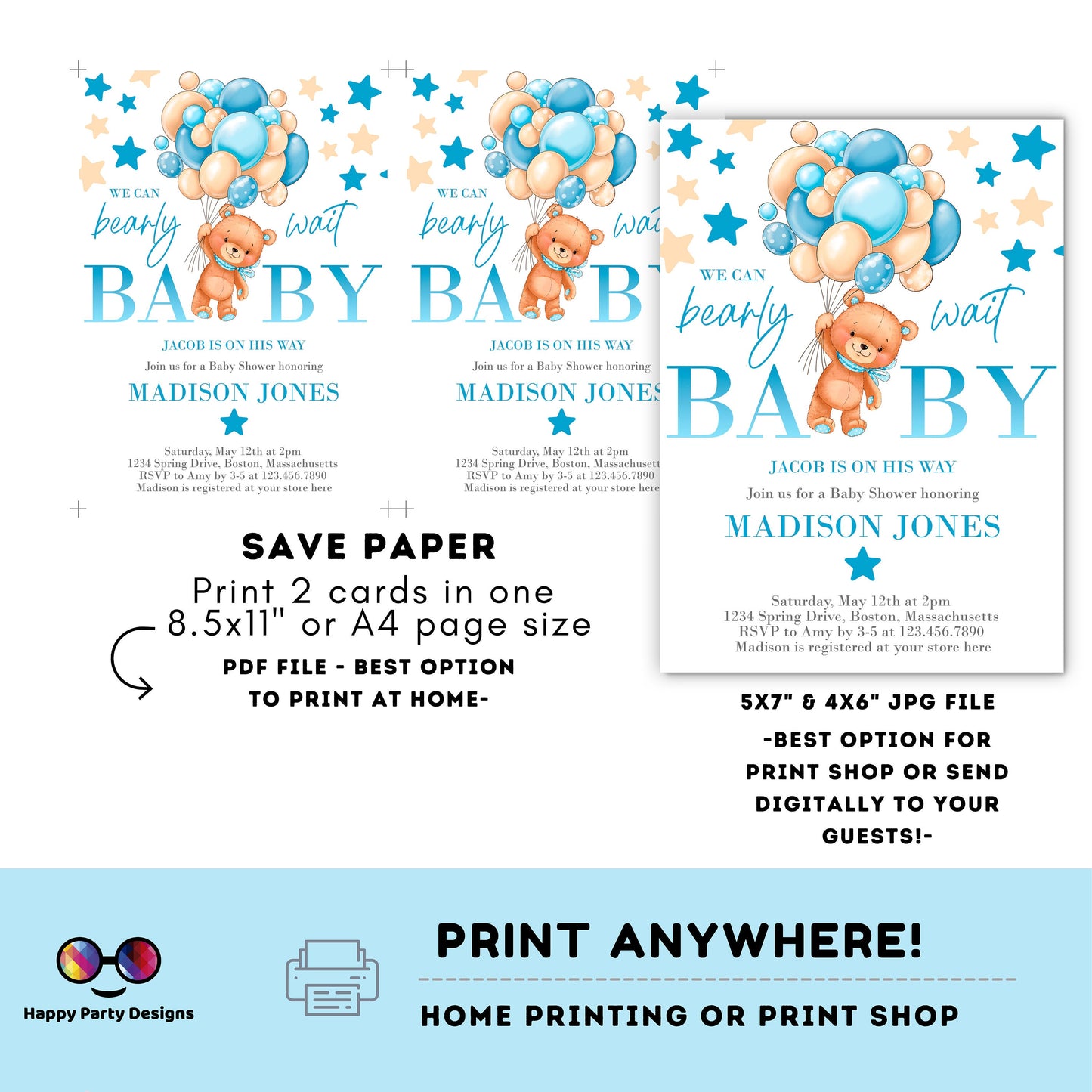 Bearly Wait Baby Shower Invitation | blue Teddy bear baby shower invitation template | teddy bear with balloons Invitation | Shower #B22