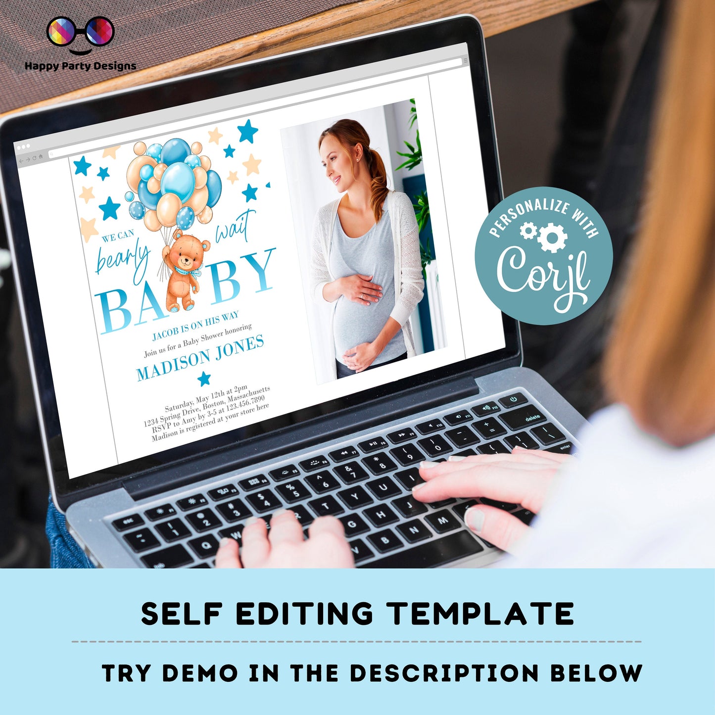 Bearly Wait Baby Shower Invitation with picture | blue Teddy bear baby shower invitation | teddy bear balloons Invitation template |  #B22