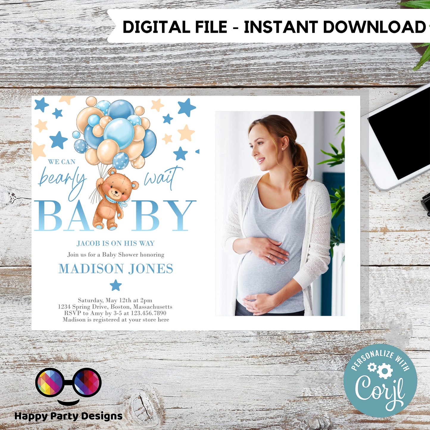 Bearly Wait Baby Shower Invitation with picture | blue Teddy bear baby shower invitation | teddy bear balloons Invitation template |  #B22