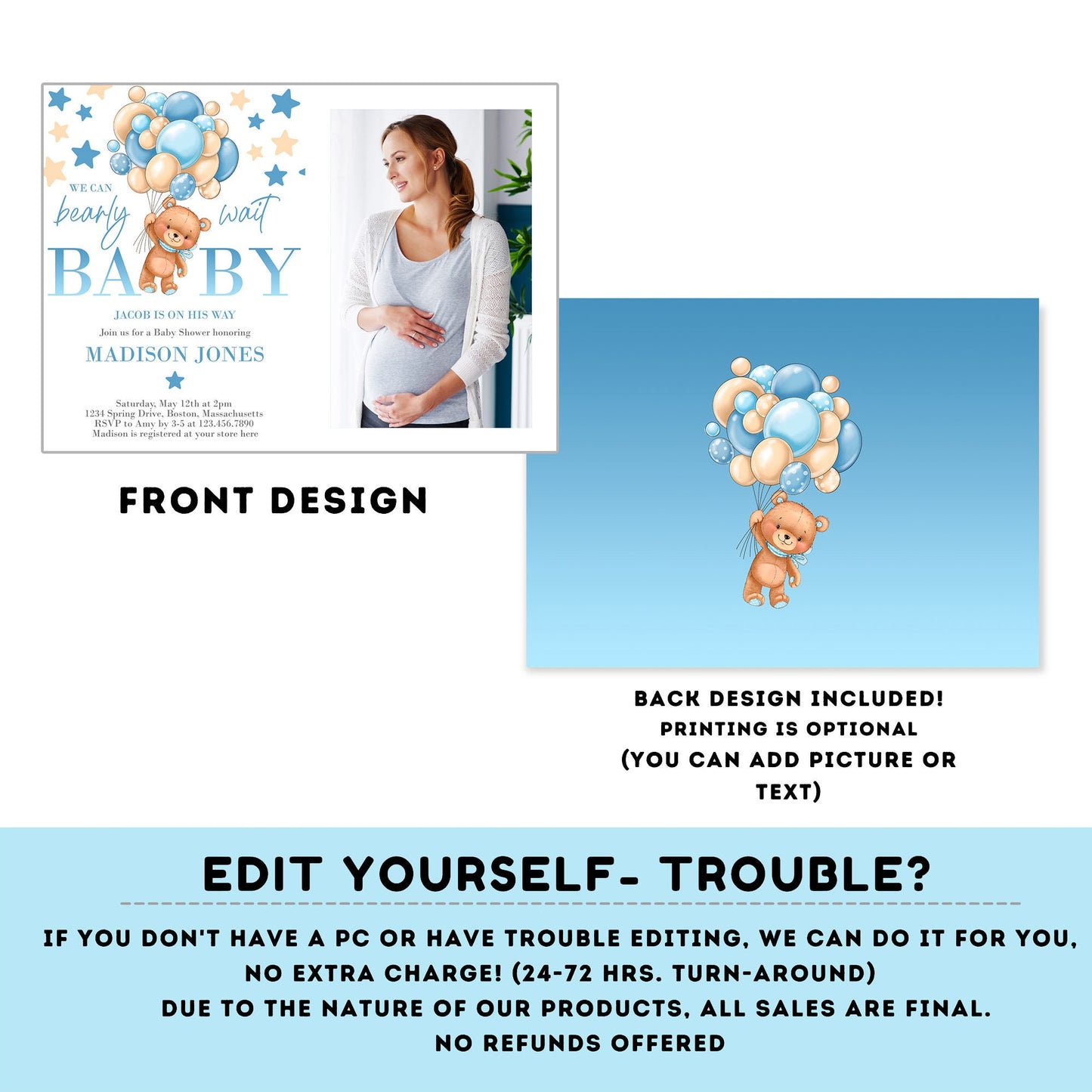 Bearly Wait Baby Shower Invitation with picture | blue Teddy bear baby shower invitation | teddy bear balloons Invitation template |  #B22