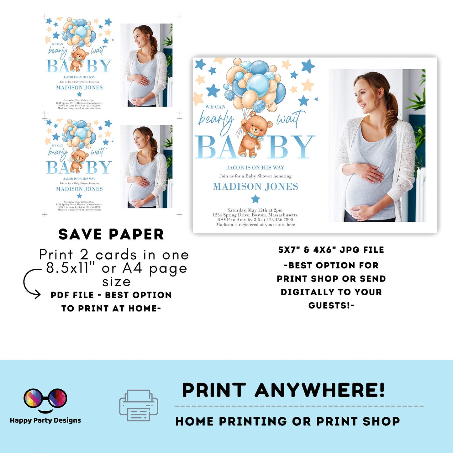 Bearly Wait Baby Shower Invitation with picture | blue Teddy bear baby shower invitation | teddy bear balloons Invitation template |  #B22