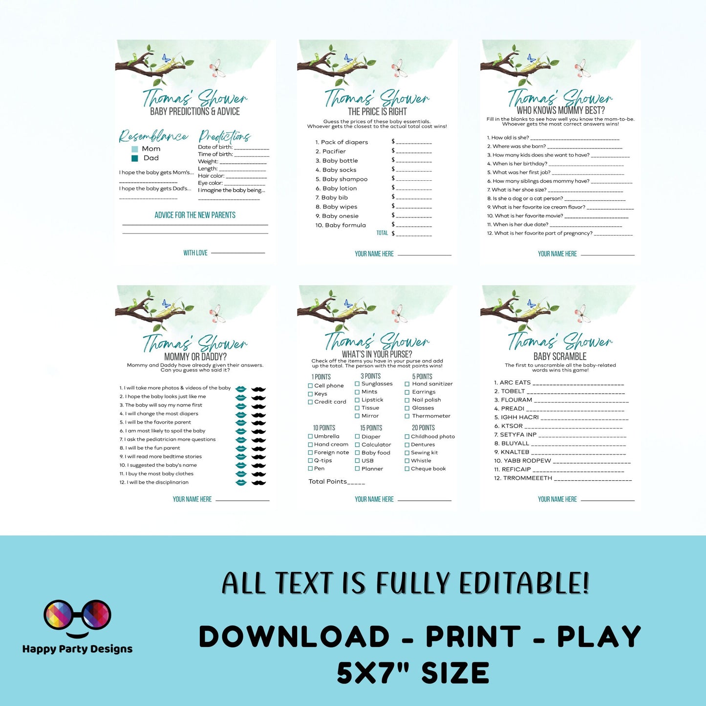 Editable bugs games bundle | bugs baby shower games | Baby boy | insect shower | green baby shower games | butterfly #B27