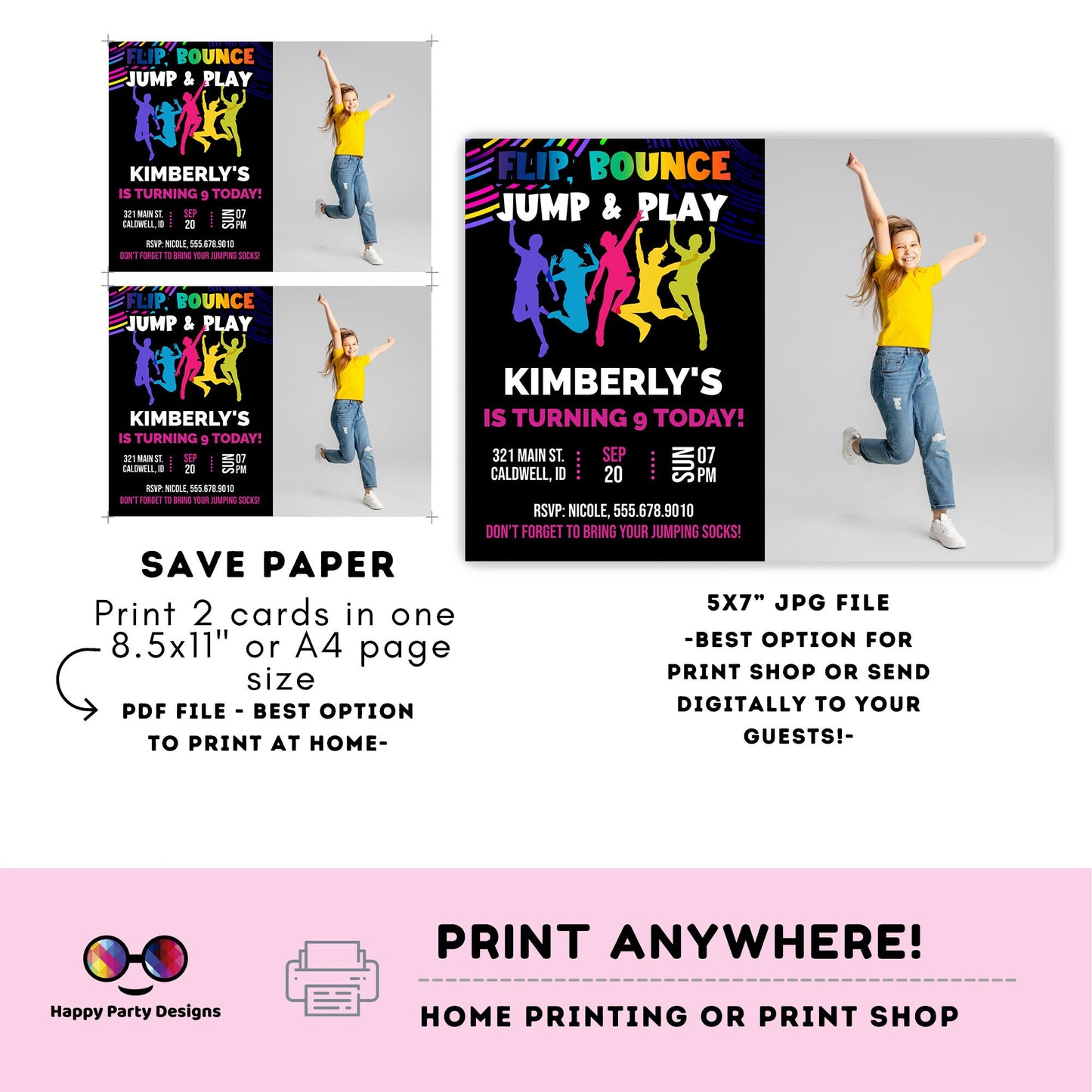 EDITABLE Flip, Bounce, Jump & play trampoline park birthday invitation | editable template | kids rainbow bounce birthday invite  #K102