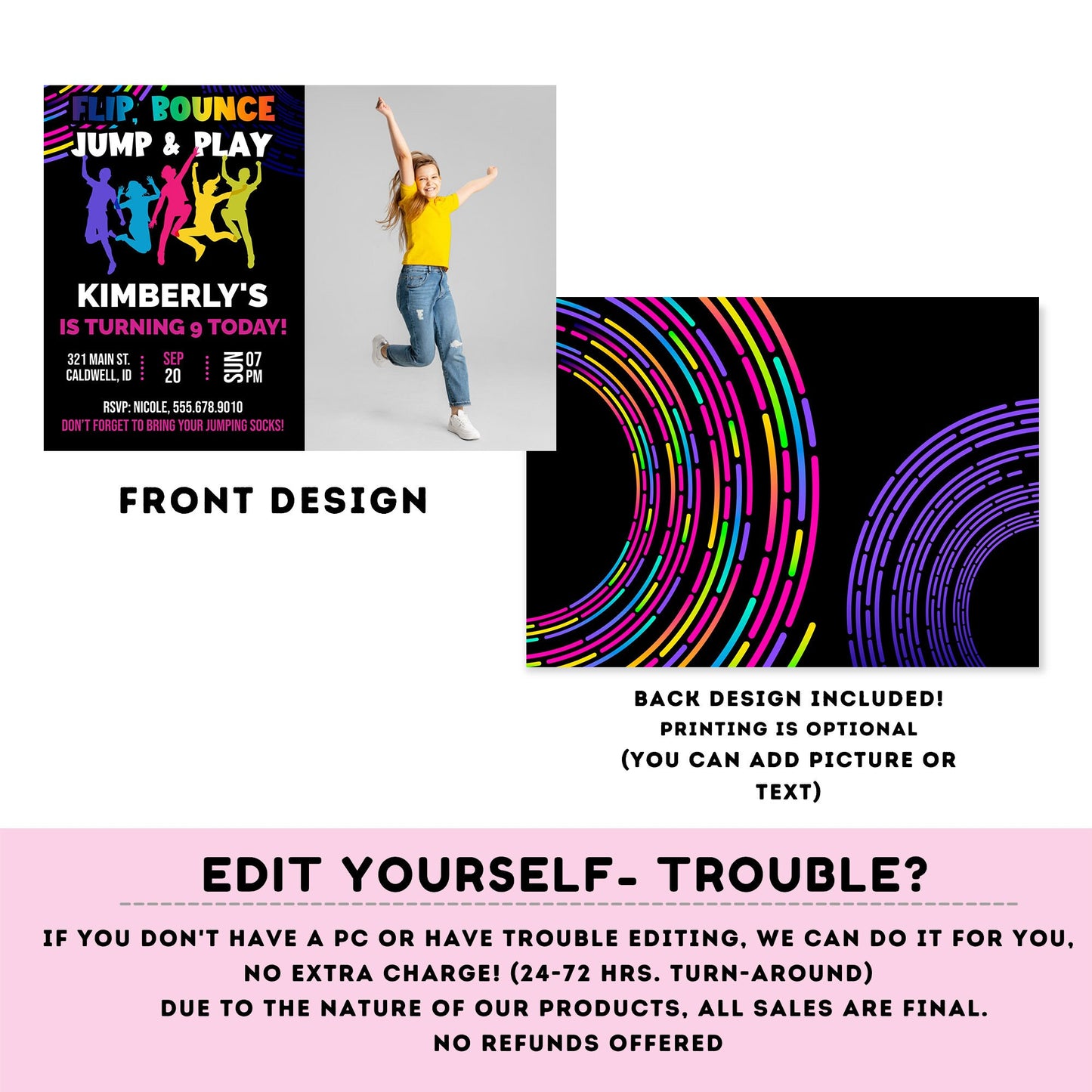 EDITABLE Flip, Bounce, Jump & play trampoline park birthday invitation | editable template | kids rainbow bounce birthday invite  #K102