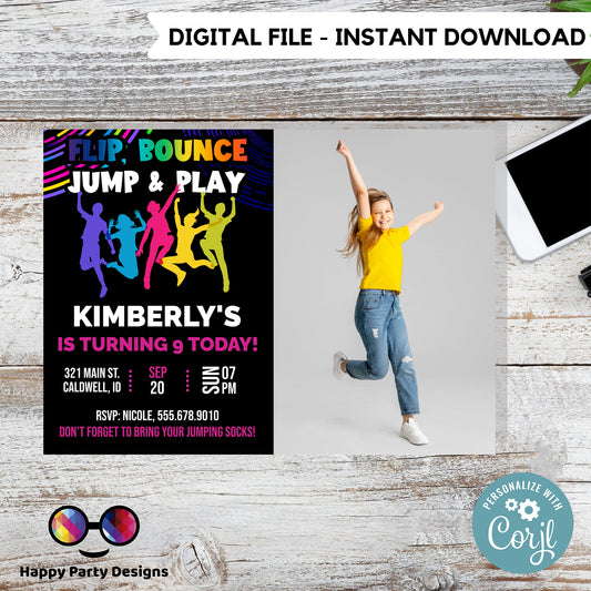 EDITABLE Flip, Bounce, Jump & play trampoline park birthday invitation | editable template | kids rainbow bounce birthday invite  #K102
