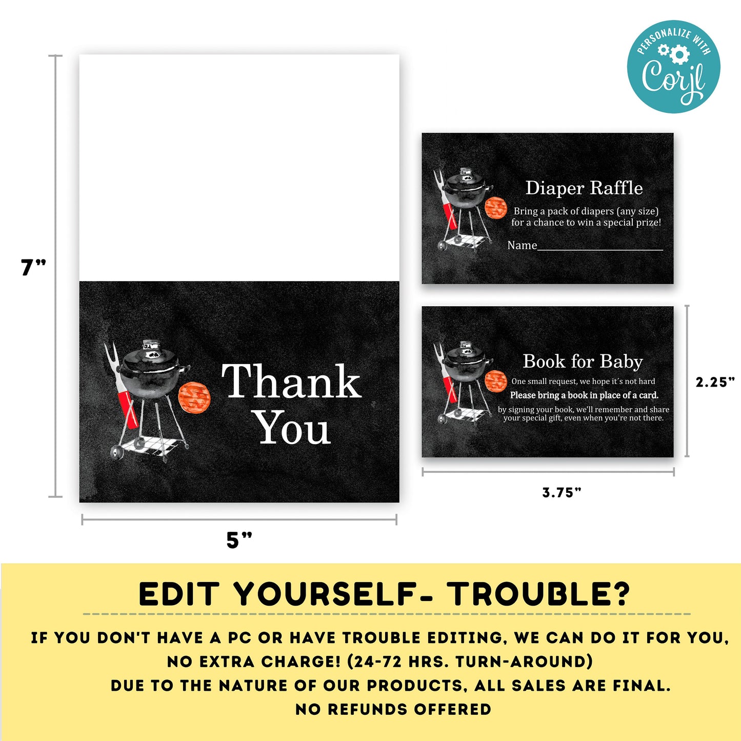 BBQ brew and diapers too Baby shower invitation bundle | diaper raffle, books for baby, thank you tag, thank you card | summer shower #B26