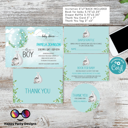 EDITABLE Baby zebra shower invitation bundle | diaper raffle, books for baby, thank you tag, thank you card | safari baby boy | #B23