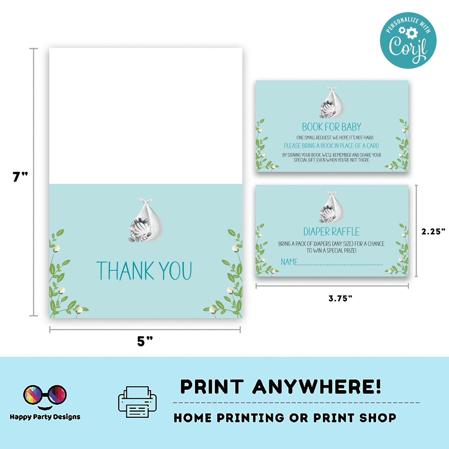 EDITABLE Baby zebra shower invitation bundle | diaper raffle, books for baby, thank you tag, thank you card | safari baby boy | #B23