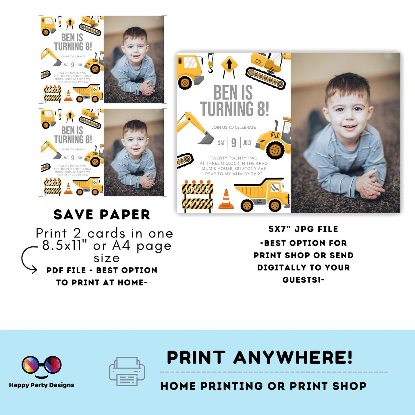 Construction Birthday Invitations with picture | trucks party | boy | any age! | Party under Construction Invitation | Edit Yourself #K105