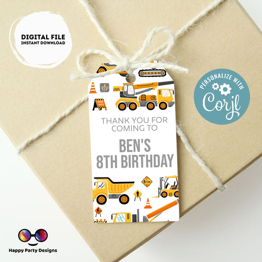Editable Party Under Construction Thank you tag | Digital Construction thank you tag  | Construction Thank You tag | trucks party #K105
