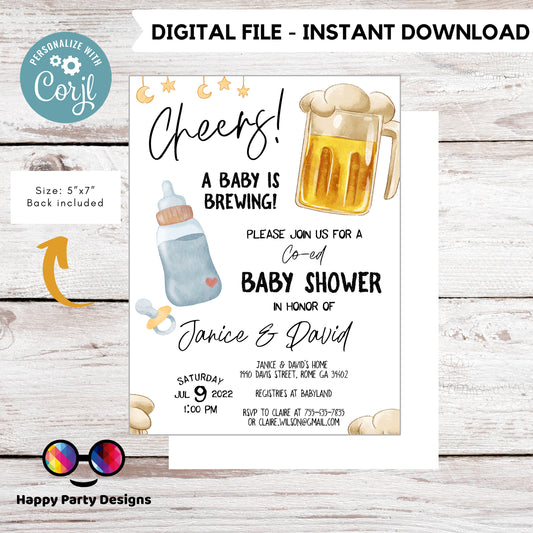 cheers a baby is brewing baby shower Invitation | Couples Baby Shower Invite | Co-ed Baby Shower | Gender Neutral | beer | drinks #B28