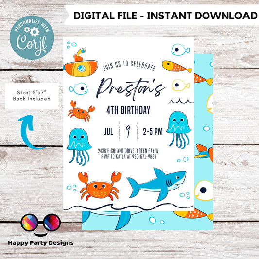 Ocean Invitation | Editable Ocean Invitation | under the sea party | under the sea Evite | boy birthday | any age | editable on line #K106