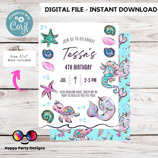 Ocean Invitation | Editable Ocean Invitation | under the sea party | under the sea Evite | girl birthday | any age | editable on line #K107