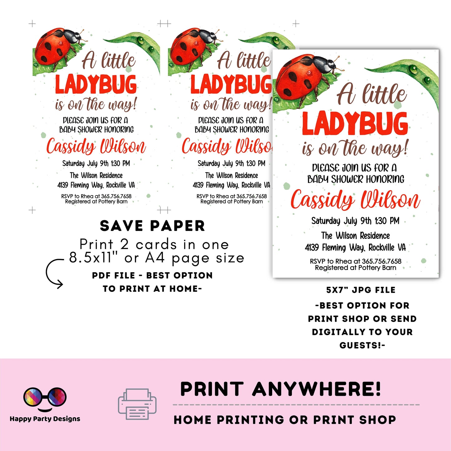 Little Lady Ladybug Baby Shower Invite | Invitation Insect Party | Insect Greenery Invitation | Red and Black Baby Shower | baby girl #B29