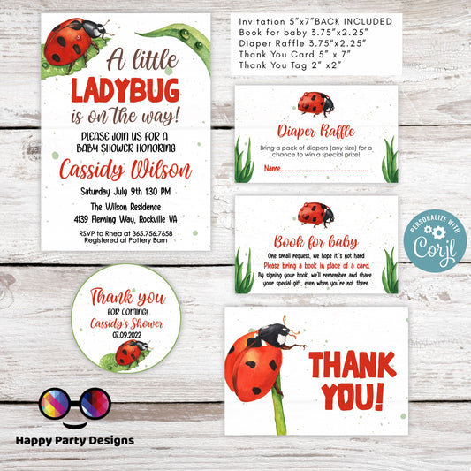 Ladybug baby Shower Invitation bundle | little ladybug bundle | diaper raffle, books for baby, thank you tag, thank you card #B29